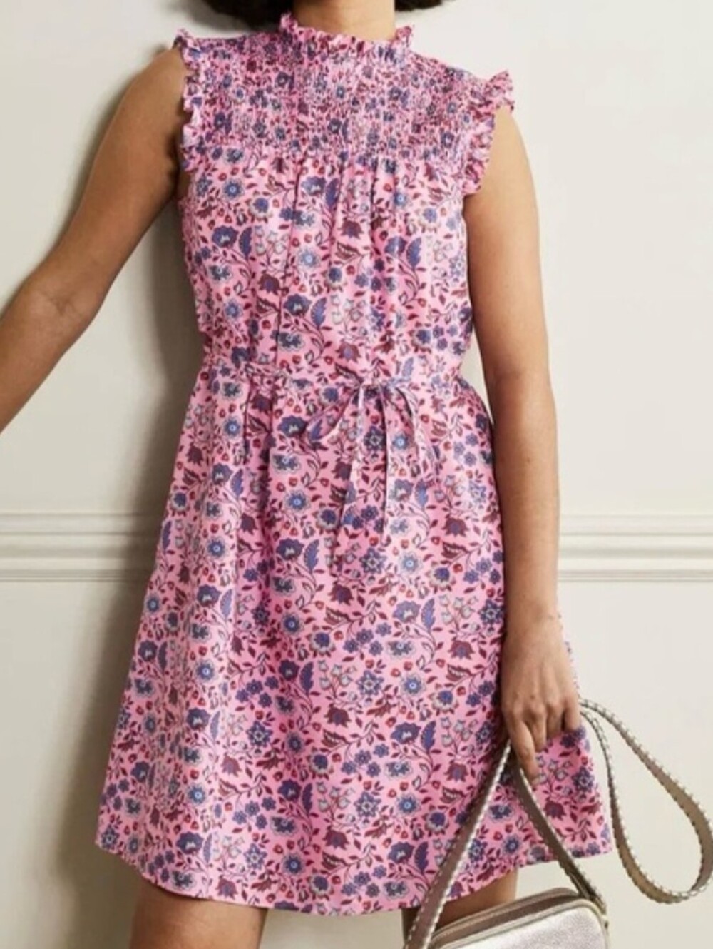 Boden Pink Floral Cotton Sleeveless Smocked Mini Dress